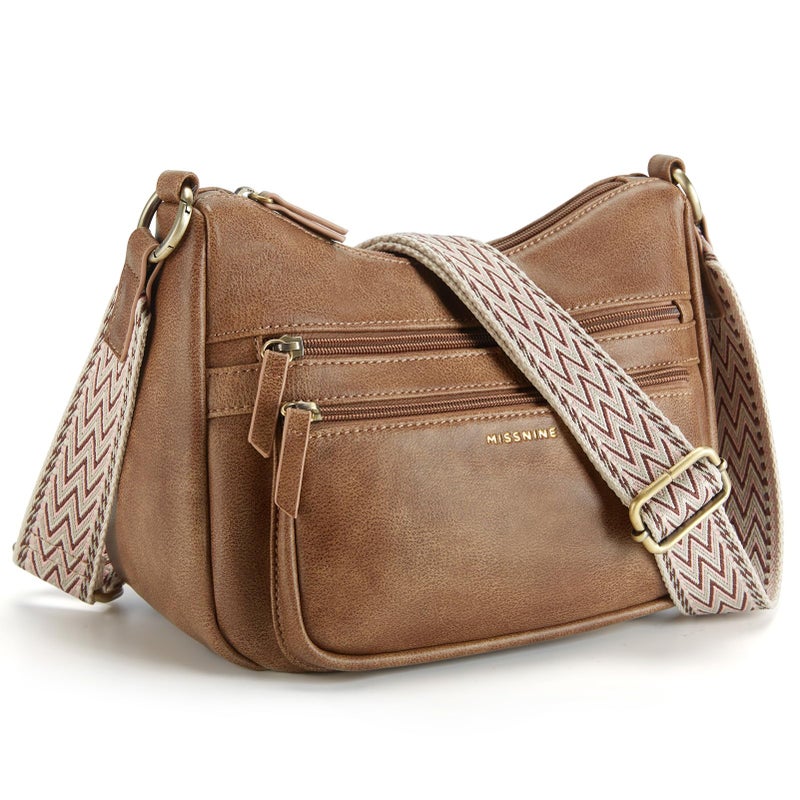 Missnine Small Crossbody Purse Women Quilted Crossbody Bags Soft Leather Shoulder Handbags with Adjustable Strap (Leather-Brown, 10.2x4.3x7.9 Inch) - Image 1