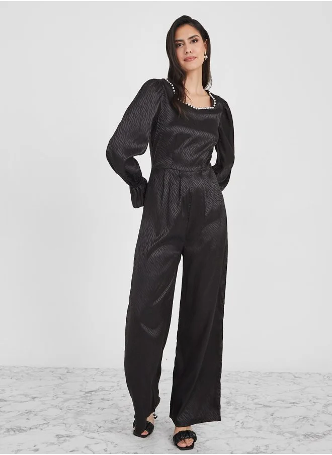 Styli Faux Pearl Detail Wide Leg Satin Jacquard Jumpsuit