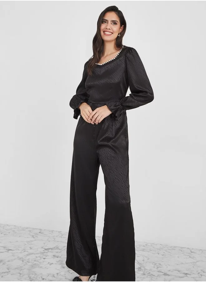 Styli Faux Pearl Detail Wide Leg Satin Jacquard Jumpsuit