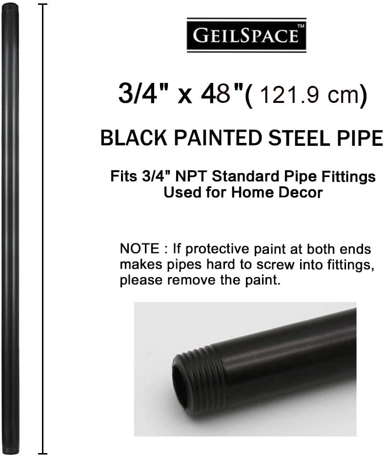 GeilSpace 6 Pack 3/4" x 48" Pre-Cut Black Metal Pipe, Industrial Steel Fits Standard Three Quarters Inch Threaded Pipes and Fittings - Vintage DIY Industrial Shelving (3/4" × 48", Black) - Image 2
