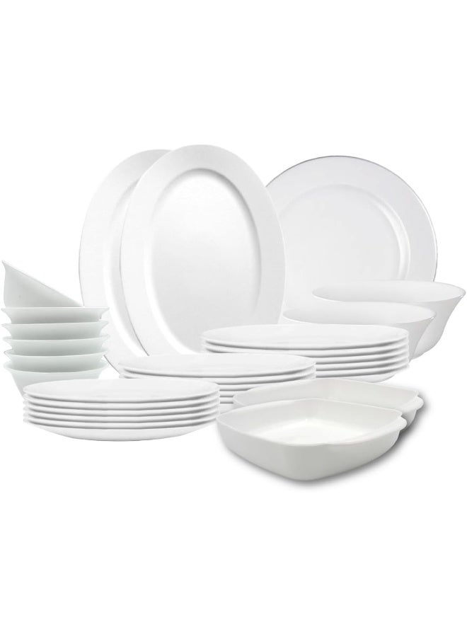 Melrich 38-Piece Opalware Dinner Set With 8 X 25 Cm Dinner Plate, 8X 18 Cm Desert Plate, 8X7.5 '' Soup Plate, 8X 13 Cm Serving Bowl, 2X23 Cm Serving Bowl, 1 X 30 Cm Oval Plate, 2 X 25 Cm Grill Tray, Serves 8, White - Image 1