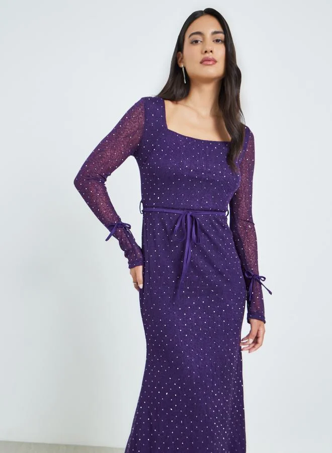 Styli  Purple Lace Long Sleeves Bodycon Maxi Dress for Women | Best Price UAE