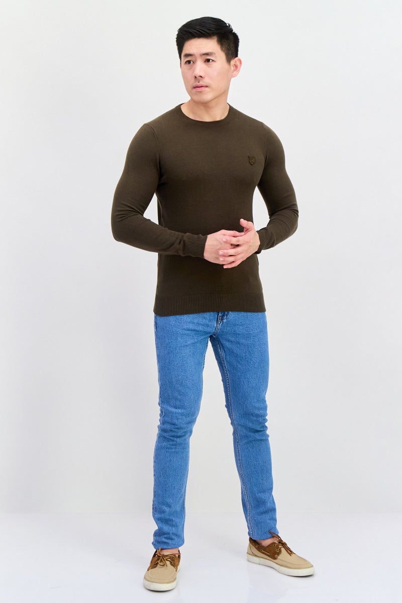 Lyle & Scott سويت شيرت رجالي بياقة دائرية بشعار مطرز، زيتوني - Image 4