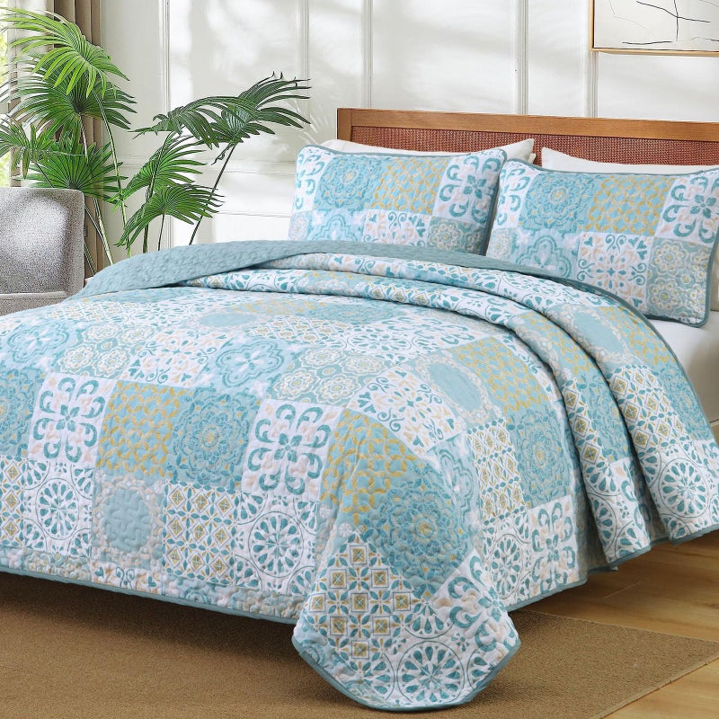 DOBUYLY PATCHWORK STET SET King Size Aqua Blue Boho Summerpreads Coverlet Set 3 VICES SOWS LINGWILE SENILT SPEDED FER لجميع الفصول 110 "X90" " - Image 1
