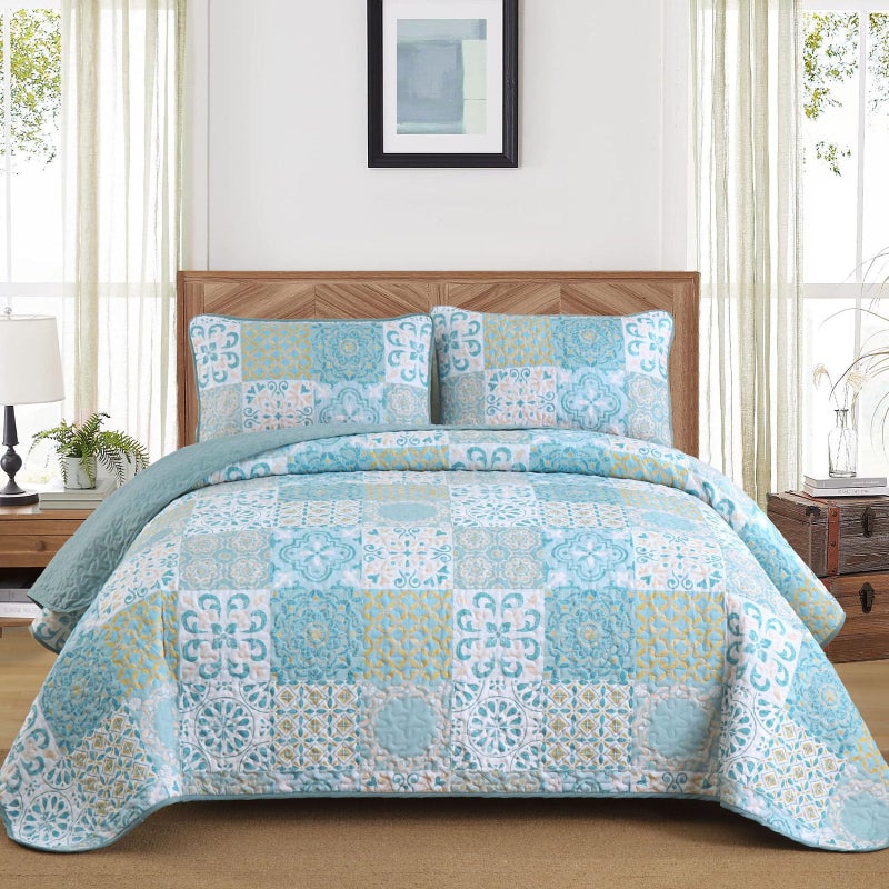 DOBUYLY PATCHWORK STET SET King Size Aqua Blue Boho Summerpreads Coverlet Set 3 VICES SOWS LINGWILE SENILT SPEDED FER لجميع الفصول 110 "X90" " - Image 2