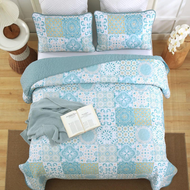 DOBUYLY PATCHWORK STET SET King Size Aqua Blue Boho Summerpreads Coverlet Set 3 VICES SOWS LINGWILE SENILT SPEDED FER لجميع الفصول 110 "X90" " - Image 3