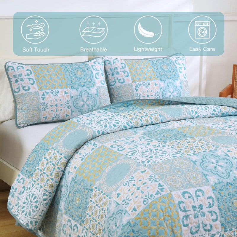 DOBUYLY PATCHWORK STET SET King Size Aqua Blue Boho Summerpreads Coverlet Set 3 VICES SOWS LINGWILE SENILT SPEDED FER لجميع الفصول 110 "X90" " - Image 4