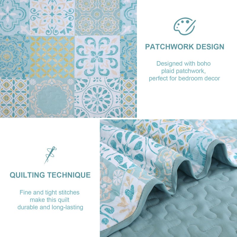 DOBUYLY PATCHWORK STET SET King Size Aqua Blue Boho Summerpreads Coverlet Set 3 VICES SOWS LINGWILE SENILT SPEDED FER لجميع الفصول 110 "X90" " - Image 5