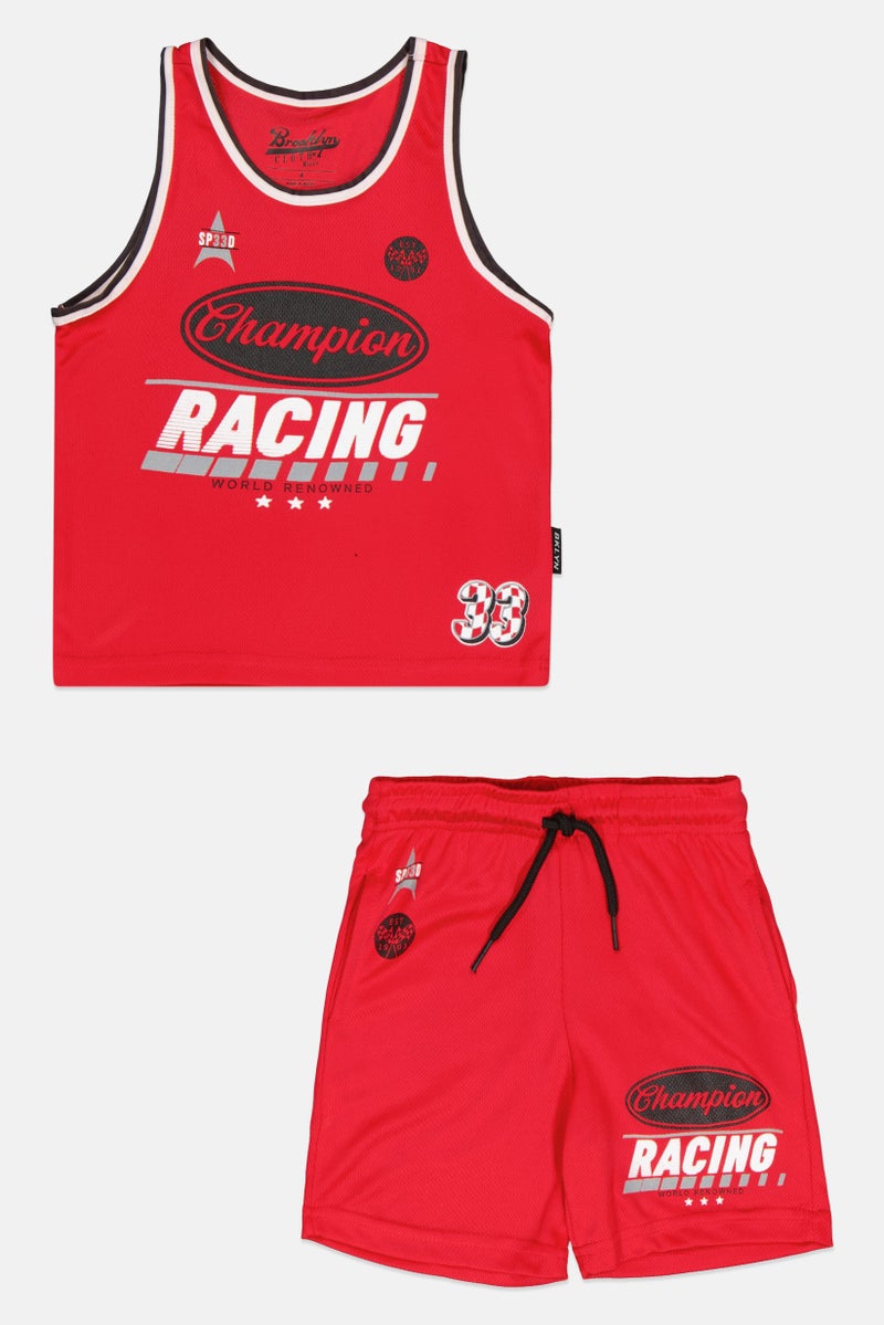 brooklyn Kids Boy 2 Pieces Graphic Print Cycling Jersey And Shorts Set, Red  - Image 1