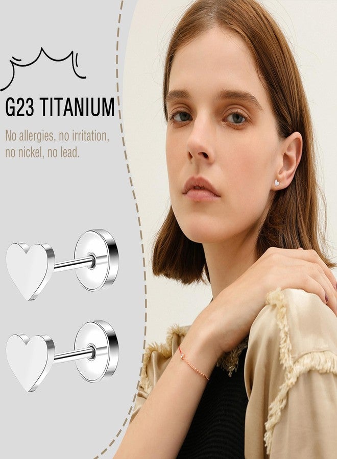 ZDE Women Earrings Flat Back Heart Earrings Titanium Hypoallergenic Non-Nickel Cartilage Earrings Studs for Sensitive Ears Simple Classic 5mm Silver Screw On Stud Earrings - Image 2