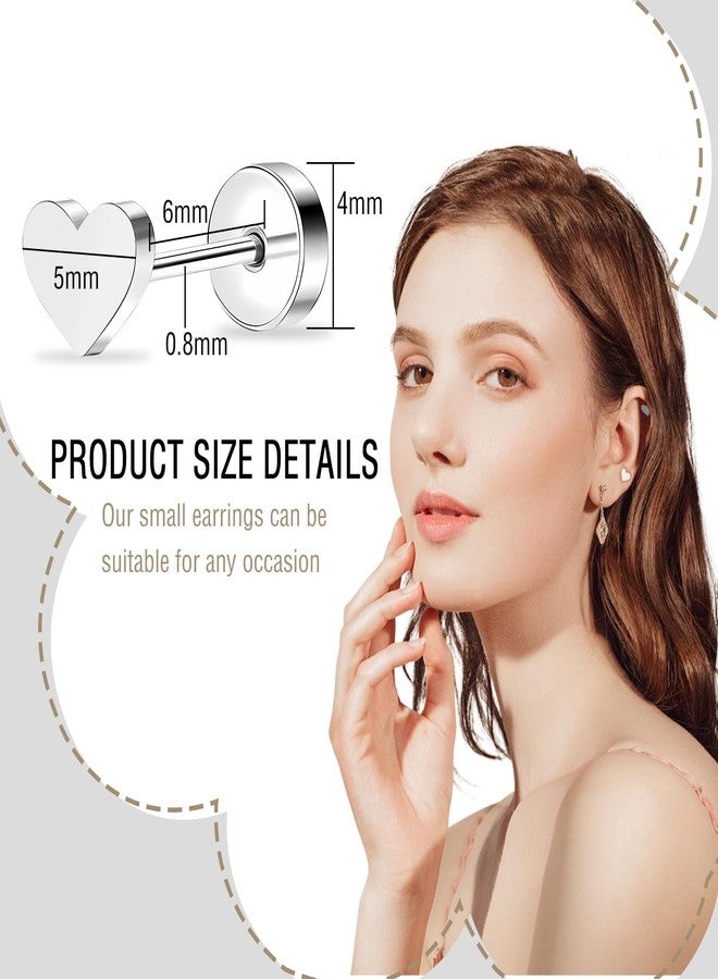 ZDE Women Earrings Flat Back Heart Earrings Titanium Hypoallergenic Non-Nickel Cartilage Earrings Studs for Sensitive Ears Simple Classic 5mm Silver Screw On Stud Earrings - Image 3