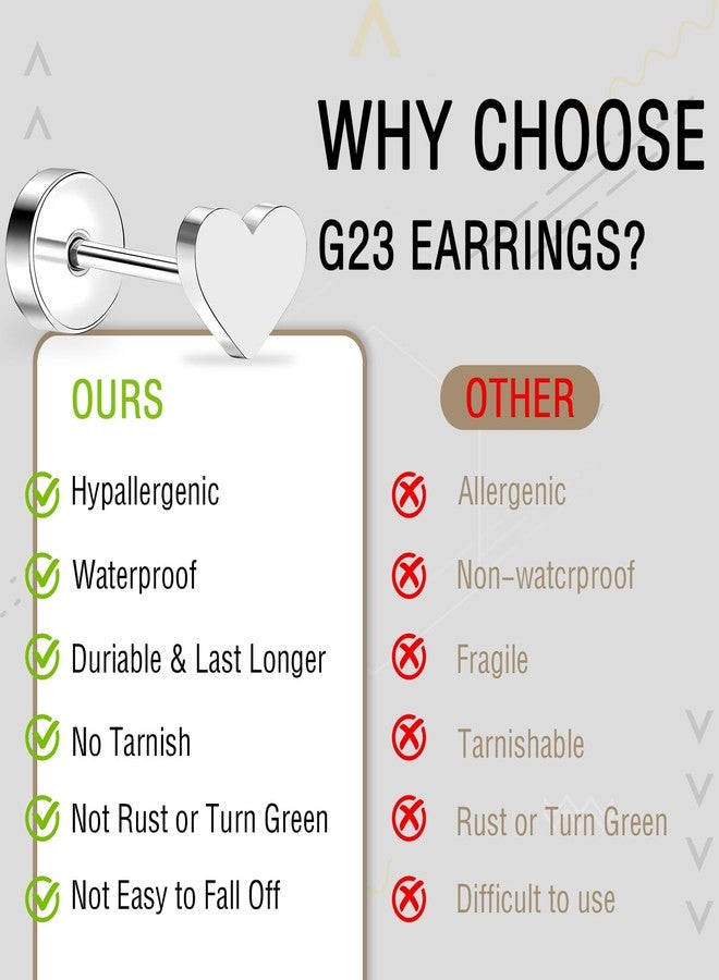 ZDE Women Earrings Flat Back Heart Earrings Titanium Hypoallergenic Non-Nickel Cartilage Earrings Studs for Sensitive Ears Simple Classic 5mm Silver Screw On Stud Earrings - Image 4