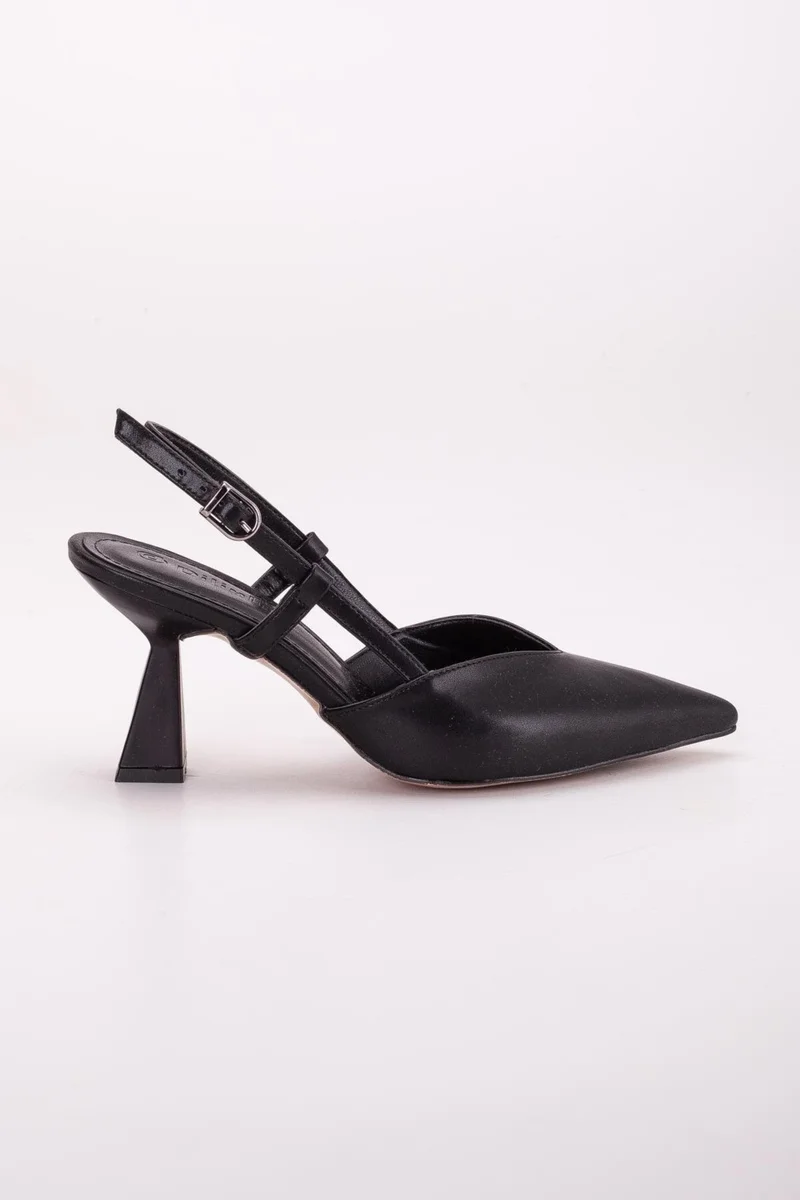Dilimler Ayakkabı Large Size Side Pillar V Face Skin Black Women's High Heel Shoes