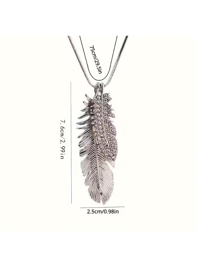 Long Feather Pendant Necklace for Women – Crystal Rhinestone Sweater Chain, Korean Fashion Jewelry Gift - Image 2