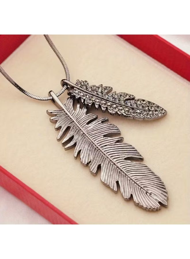 Long Feather Pendant Necklace for Women – Crystal Rhinestone Sweater Chain, Korean Fashion Jewelry Gift - Image 3