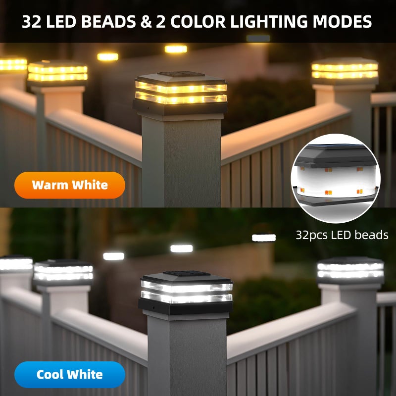 EXCMARK 4x4 Solar Post Cap Lights Outdoor Waterproof 12 Pack Fence Deck Post Lights with High-Brightness LEDs, Dual Light Modes Warm White & Cool White. (Classic Black, 12) - Image 3