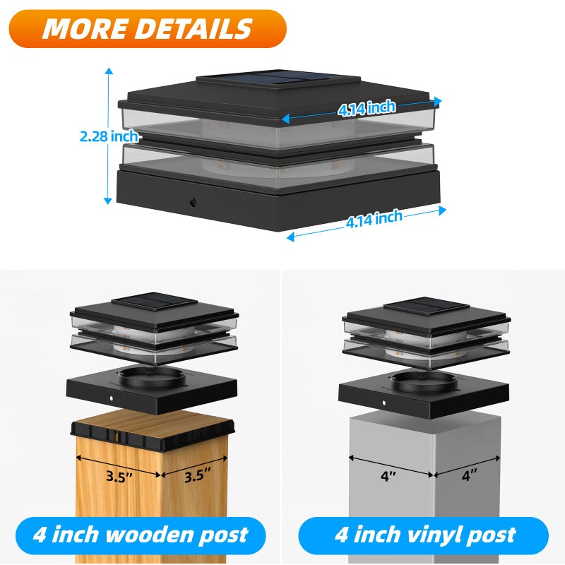 EXCMARK 4x4 Solar Post Cap Lights Outdoor Waterproof 12 Pack Fence Deck Post Lights with High-Brightness LEDs, Dual Light Modes Warm White & Cool White. (Classic Black, 12) - Image 2