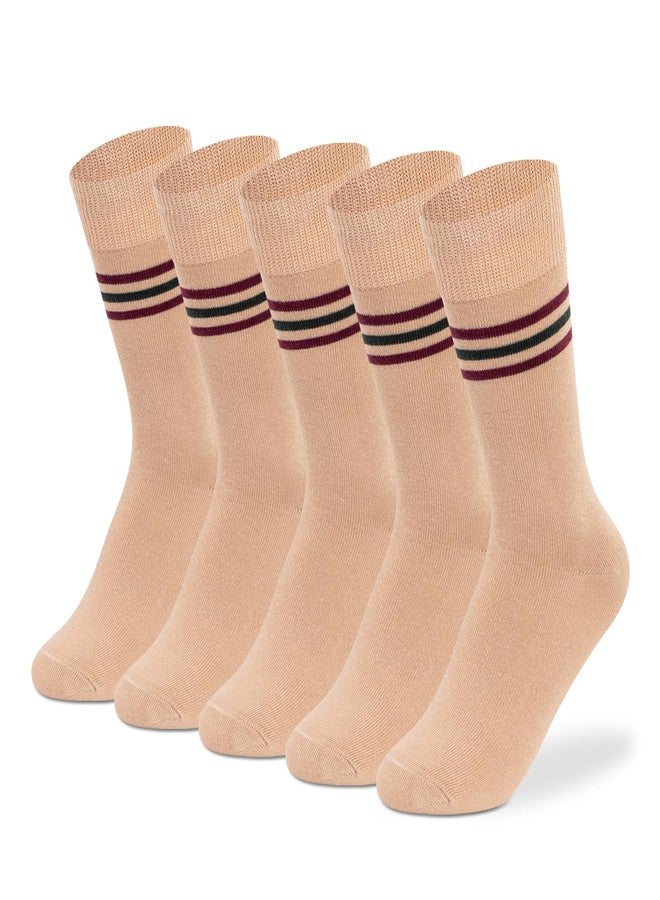 Supersox DAV School Uniform Socks for Kids, Made with Breathable, Anti Odour & Moisture Absorbent Combed Cotton (Pack Of 5) (IN, Age, 7 Years, 8 Years, Beige Socks with Maroon Stripe) - Image 1