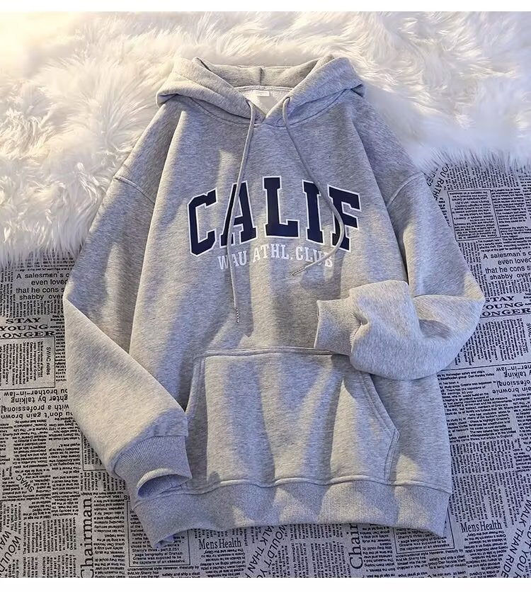 Autumn Winter Thick Fleece Hoodie Men Oversize Korean Loose Letter Sweatshirt Gray - Image 1