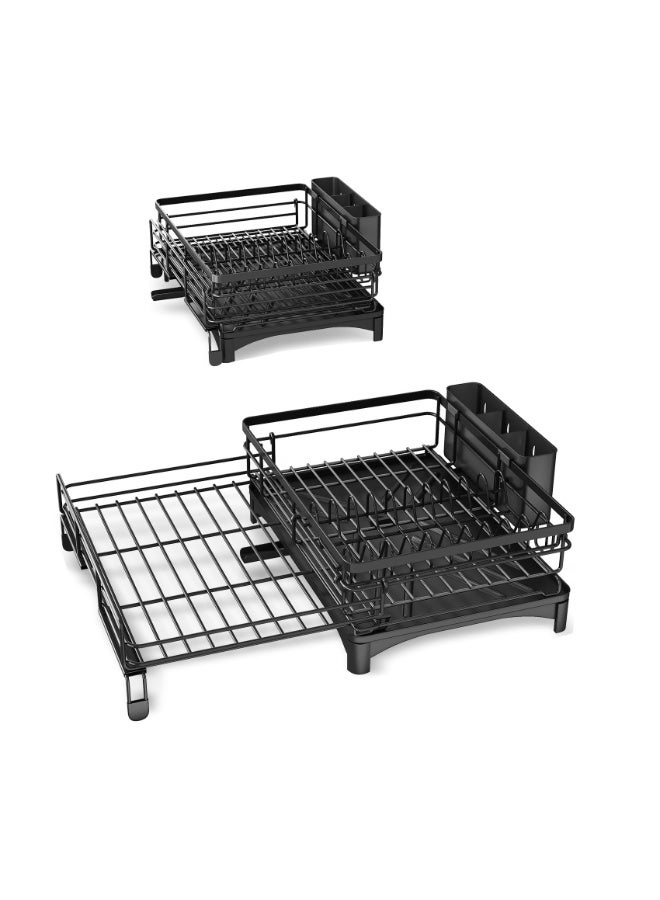 Dish Drying Rack - Extendable Dish Rack, Large Sink Drying Dish Drainer for Kitchen Counter, Stainless Steel Dish Strainer with Utensil Holder (Black) - Image 2