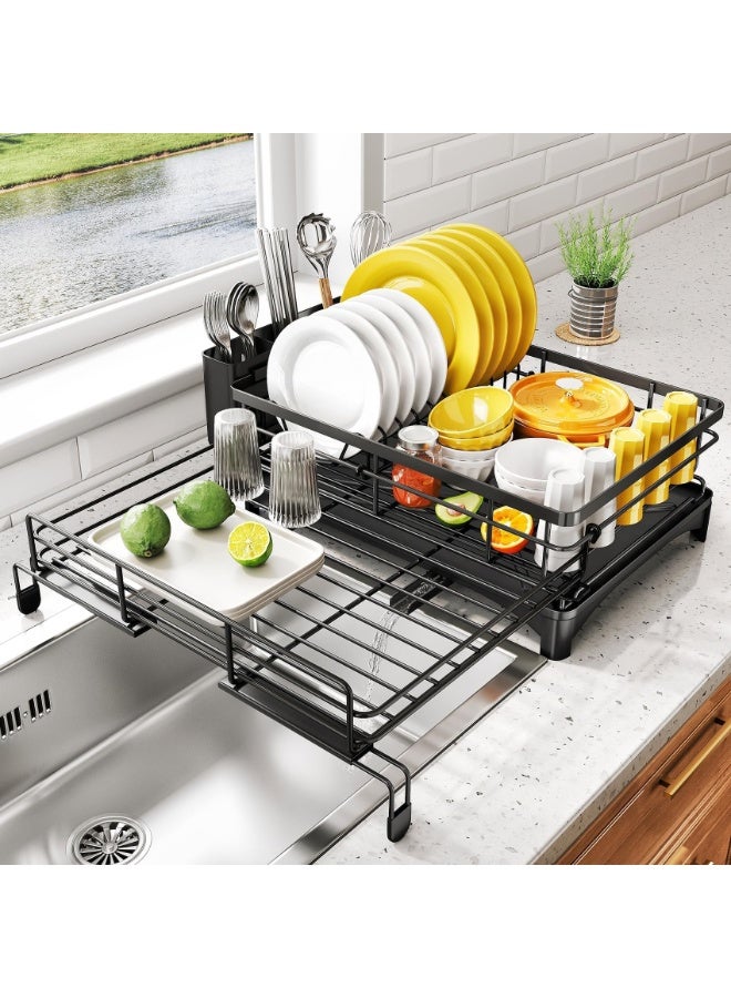 Dish Drying Rack - Extendable Dish Rack, Large Sink Drying Dish Drainer for Kitchen Counter, Stainless Steel Dish Strainer with Utensil Holder (Black) - Image 1
