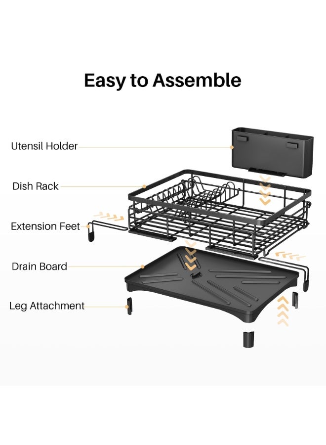 Dish Drying Rack - Extendable Dish Rack, Large Sink Drying Dish Drainer for Kitchen Counter, Stainless Steel Dish Strainer with Utensil Holder (Black) - Image 3