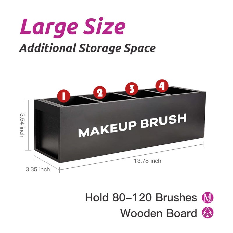 Suli Large Makeup Brush Holder Organizer, Wooden Cosmetic Brushes Storage with 4 Slots, Eyeliners Display Case for Vanity Desktop Bathroom Countertop -Black - Image 2