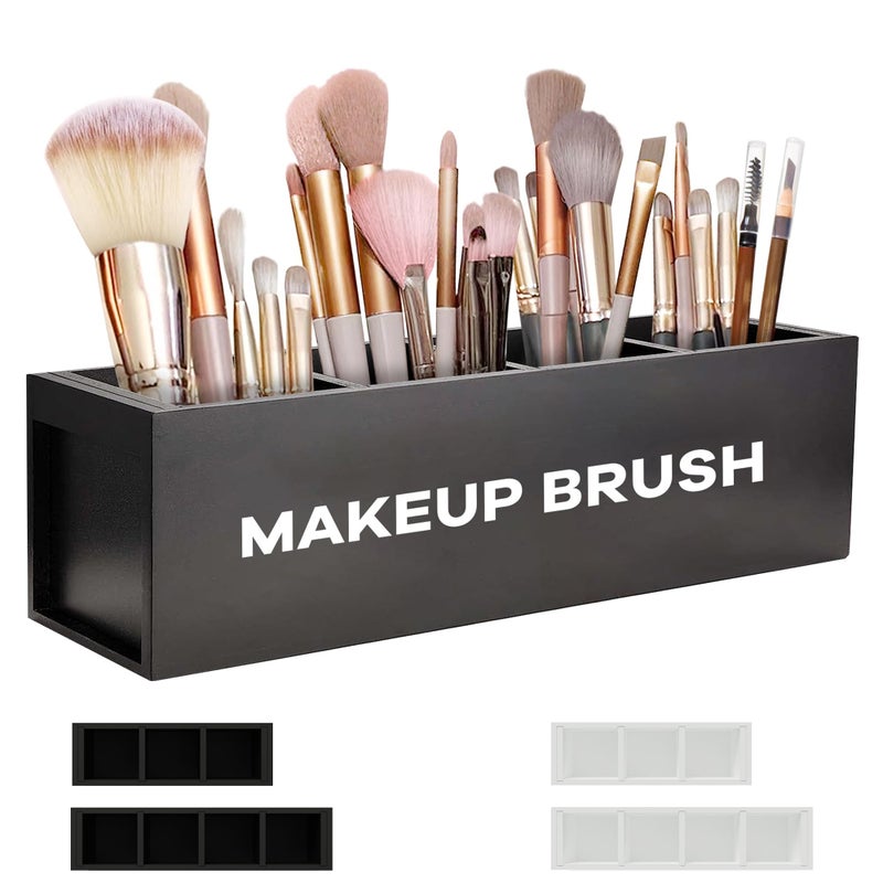 Suli Large Makeup Brush Holder Organizer, Wooden Cosmetic Brushes Storage with 4 Slots, Eyeliners Display Case for Vanity Desktop Bathroom Countertop -Black - Image 1