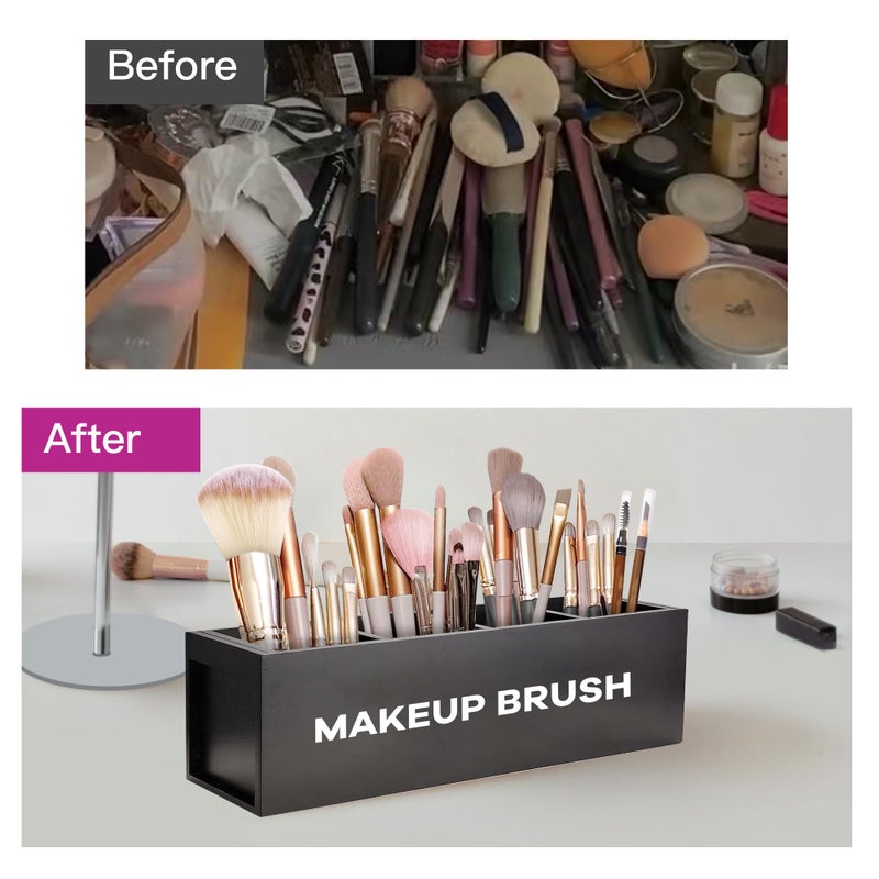 Suli Large Makeup Brush Holder Organizer, Wooden Cosmetic Brushes Storage with 4 Slots, Eyeliners Display Case for Vanity Desktop Bathroom Countertop -Black - Image 3