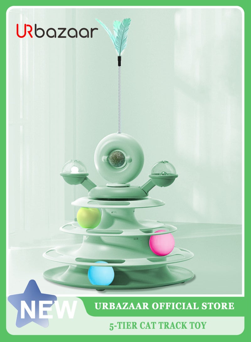 أوربازار لعبة قطط تفاعلية للقطط التي تعيش داخل المنزل، كرات لعب قطط دوارة بخمسة مستويات مع 4 كرات ملونة و1 عشبة النعناع البري، لعبة قطط دائرية مع عصا ريش قطط، مناسبة للقطط الصغيرة أثناء الصيد/المطاردة/التمرين (أخضر) - Image 1
