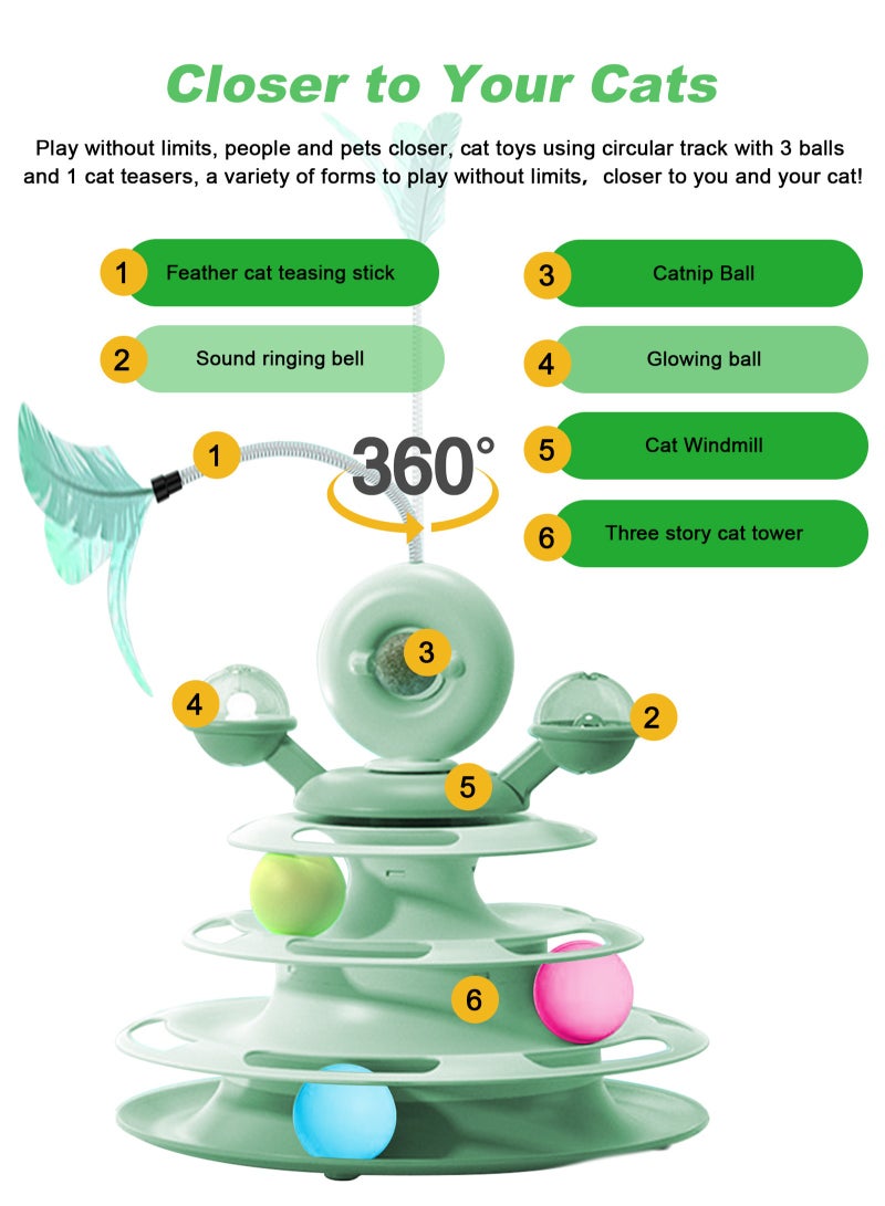 أوربازار لعبة قطط تفاعلية للقطط التي تعيش داخل المنزل، كرات لعب قطط دوارة بخمسة مستويات مع 4 كرات ملونة و1 عشبة النعناع البري، لعبة قطط دائرية مع عصا ريش قطط، مناسبة للقطط الصغيرة أثناء الصيد/المطاردة/التمرين (أخضر) - Image 5