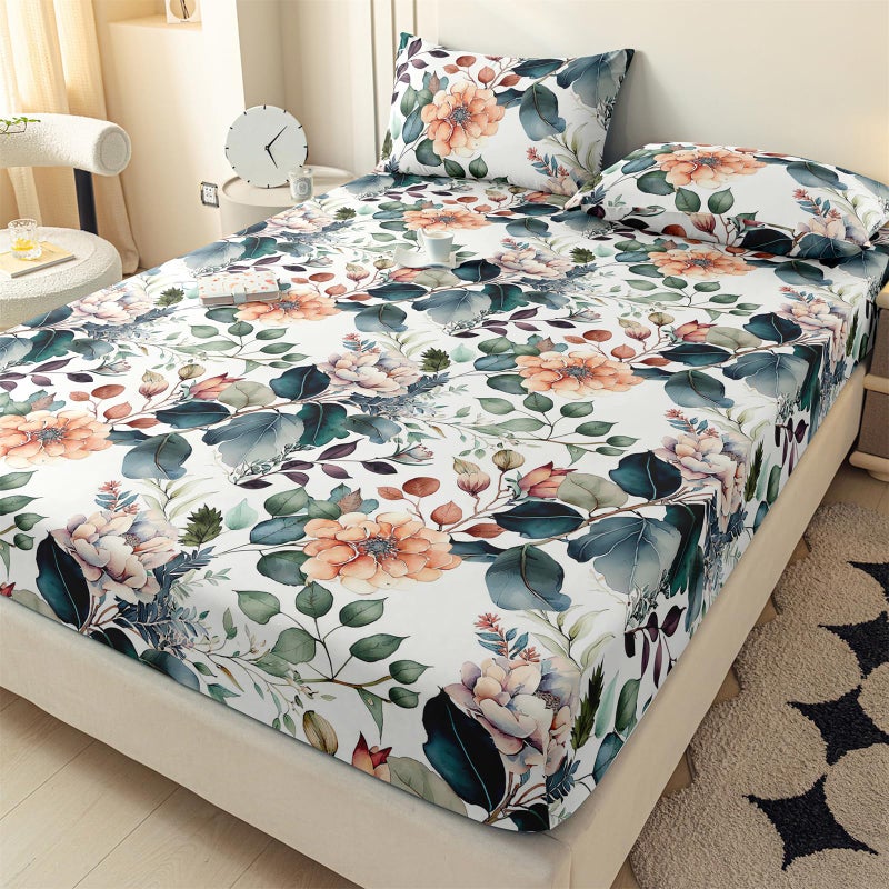 LweiPsqLin Full Size Fitted Sheet - Floral Brushed Microfiber Bed Sheet with 15 Inch Deep Pocket Elastic Edges - Shrink & Fade Resistant, Botanical Print Bedding - Image 2