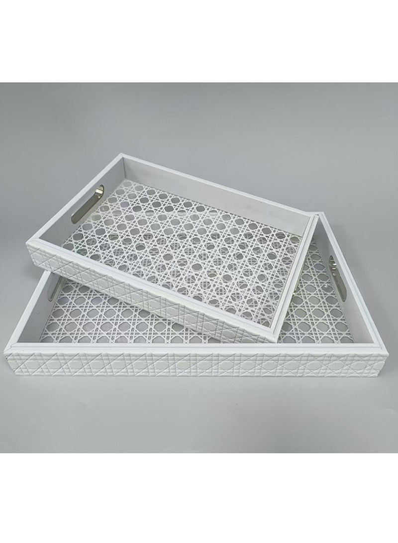 2PCS Clear Acrylic Tray with Bamboo Handles, Decorative Serving Tray for Coffee Table, Tea, 2torage Rectangular(white),