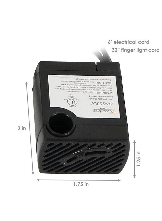 Sunnydaze 70 GPH Submersible Indoor Pump For Fountains or Aquariums - Transformer - Finger Light - 1.6-Foot Max Lift - Image 4