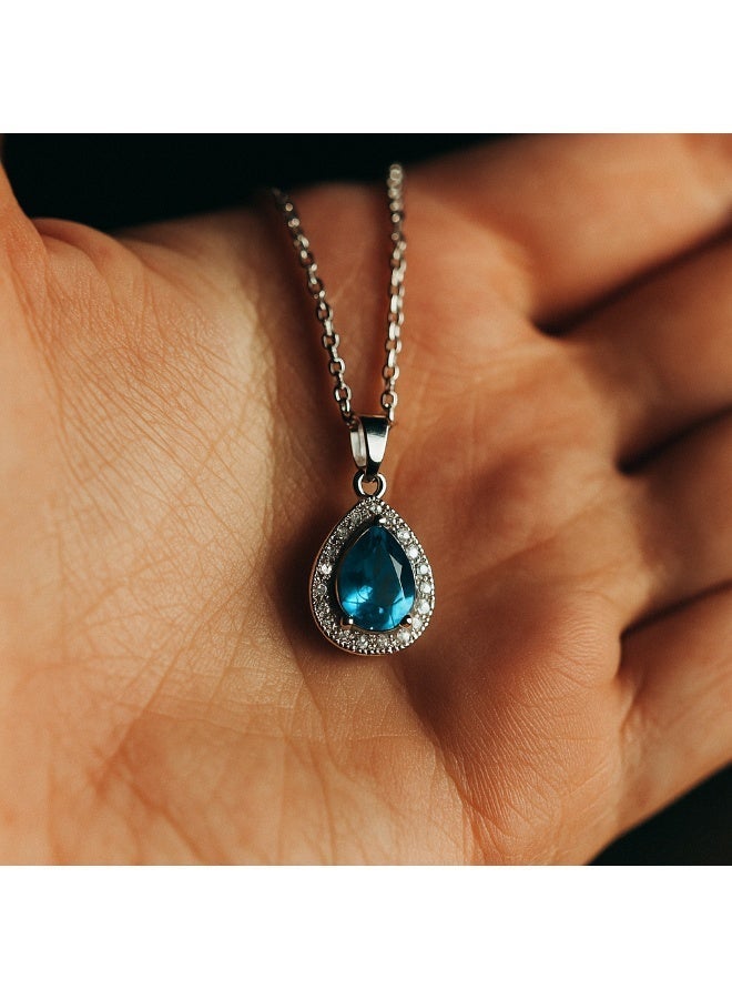 3Diamonds Platinum & Rhodium Teardrop Necklace with Blue Zircon – Luxurious Sparkling Pendant for Women - Image 4