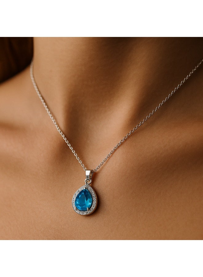 3Diamonds Platinum & Rhodium Teardrop Necklace with Blue Zircon – Luxurious Sparkling Pendant for Women - Image 1