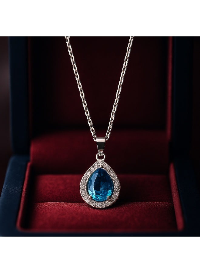 3Diamonds Platinum & Rhodium Teardrop Necklace with Blue Zircon – Luxurious Sparkling Pendant for Women - Image 5