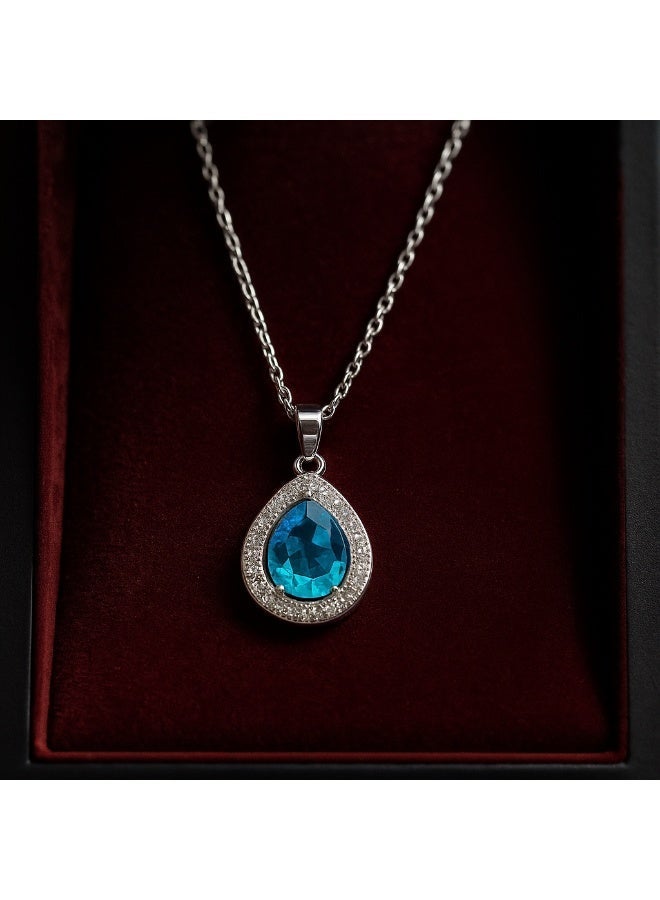 3Diamonds Platinum & Rhodium Teardrop Necklace with Blue Zircon – Luxurious Sparkling Pendant for Women - Image 3