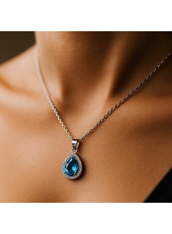 3Diamonds Platinum & Rhodium Teardrop Necklace with Blue Zircon – Luxurious Sparkling Pendant for Women - Image 2