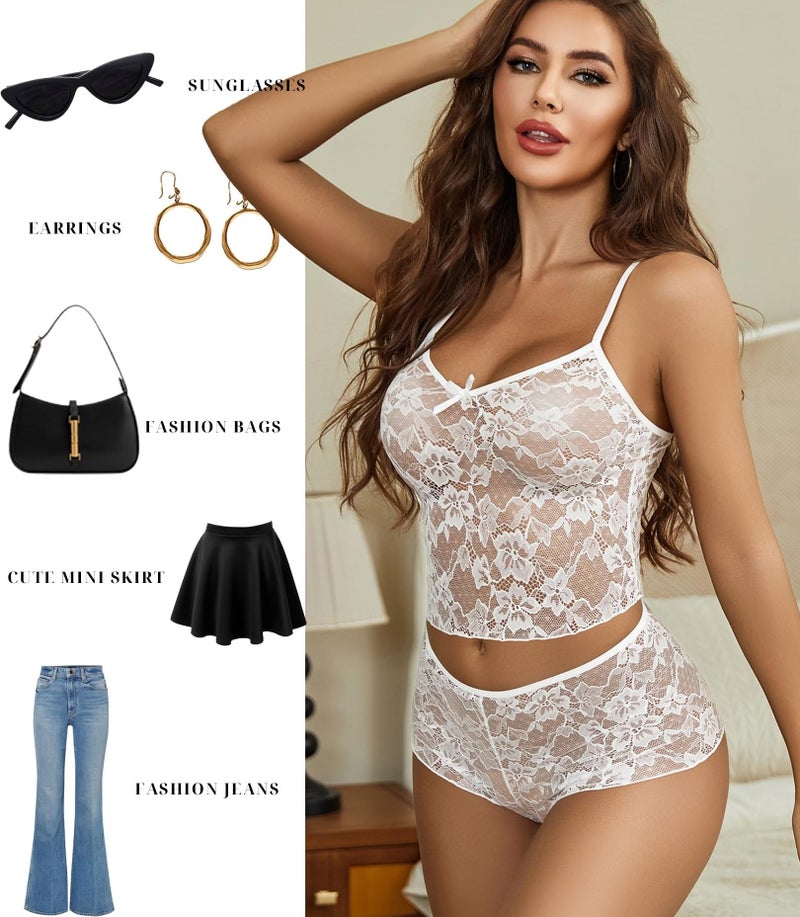 GirlFriend Lace Bra and Panty Set V Neck Babydoll Lingerie 2 Piece Mesh Bralette Set for Wife, Women Wedding Valentine Special Night Occasion Festival White - Image 4