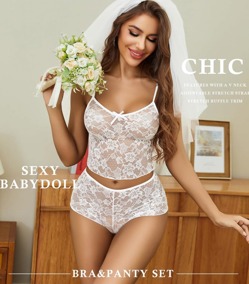GirlFriend Lace Bra and Panty Set V Neck Babydoll Lingerie 2 Piece Mesh Bralette Set for Wife, Women Wedding Valentine Special Night Occasion Festival White - Image 2