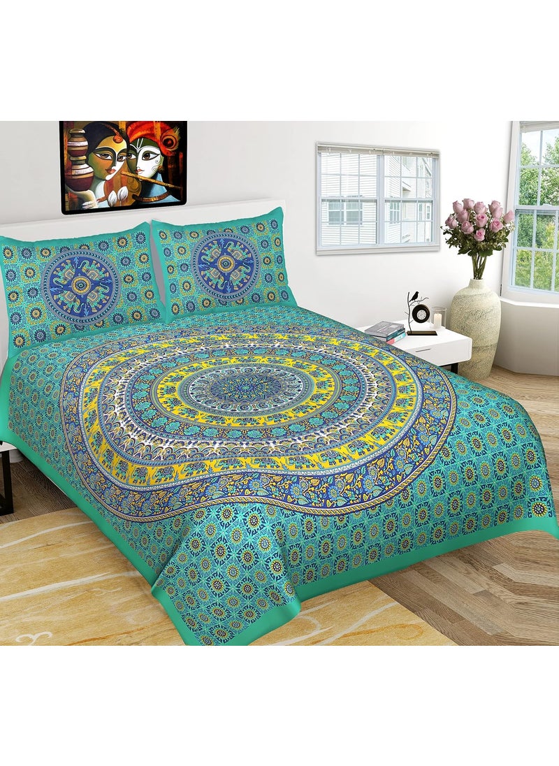 Queenie Queenie Brand Jaipuri Traditional Fantasy Printed 144 TC 100 Cotton Double Bedsheet With 2 Pillow CoversMulticolour  - Image 1