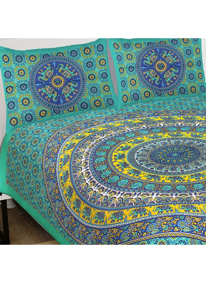 Queenie Queenie Brand Jaipuri Traditional Fantasy Printed 144 TC 100 Cotton Double Bedsheet With 2 Pillow CoversMulticolour  - Image 3