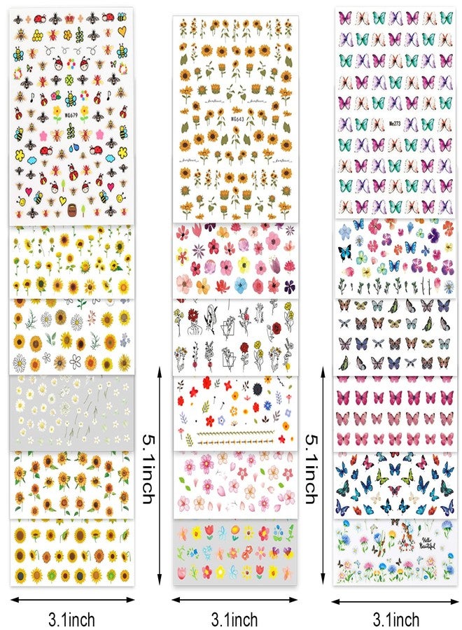 Whaline 18 Sheets Floral Butterfly Nail Art Stickers Daisy Flower Blossom Sunflower Bee Assorted Colorful Decorative Self-Adhesive Nail Decals for Spring Summer DIY Manicure Party Decor - Image 2