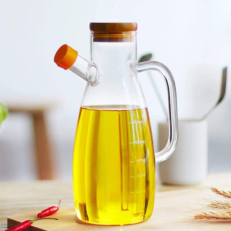 ConvertKitchen Borosilicate Oil Dispenser Stoppers Bottle with Ergonomic NonSlip Handle for Kitchen Cooking and Air Tight Wooden Lid Oil Vinegar Cruet Bottle 700 ML