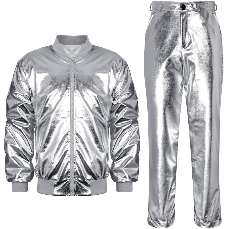 Halfchet Men's Metallic Jacket and Pants Set Jacket Men Straight Leg Trousers Costume for Men Disco Cosplay Party (Silver,XX-Large) - Image 1