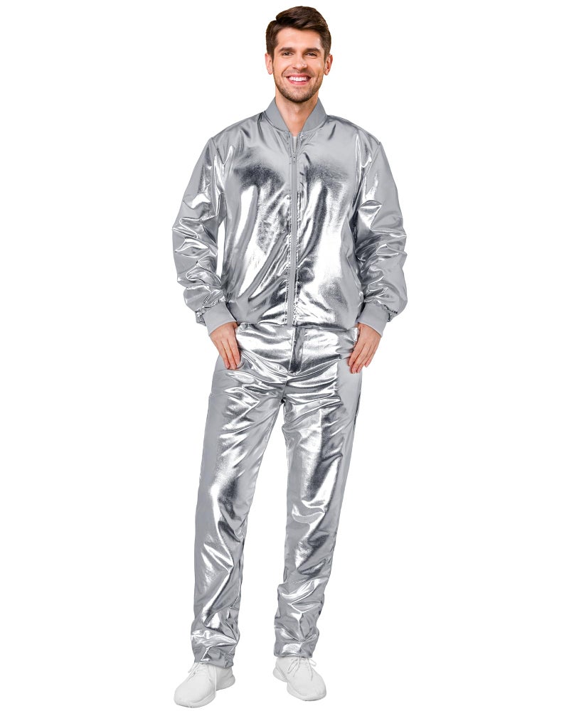 Halfchet Men's Metallic Jacket and Pants Set Jacket Men Straight Leg Trousers Costume for Men Disco Cosplay Party (Silver,XX-Large) - Image 3
