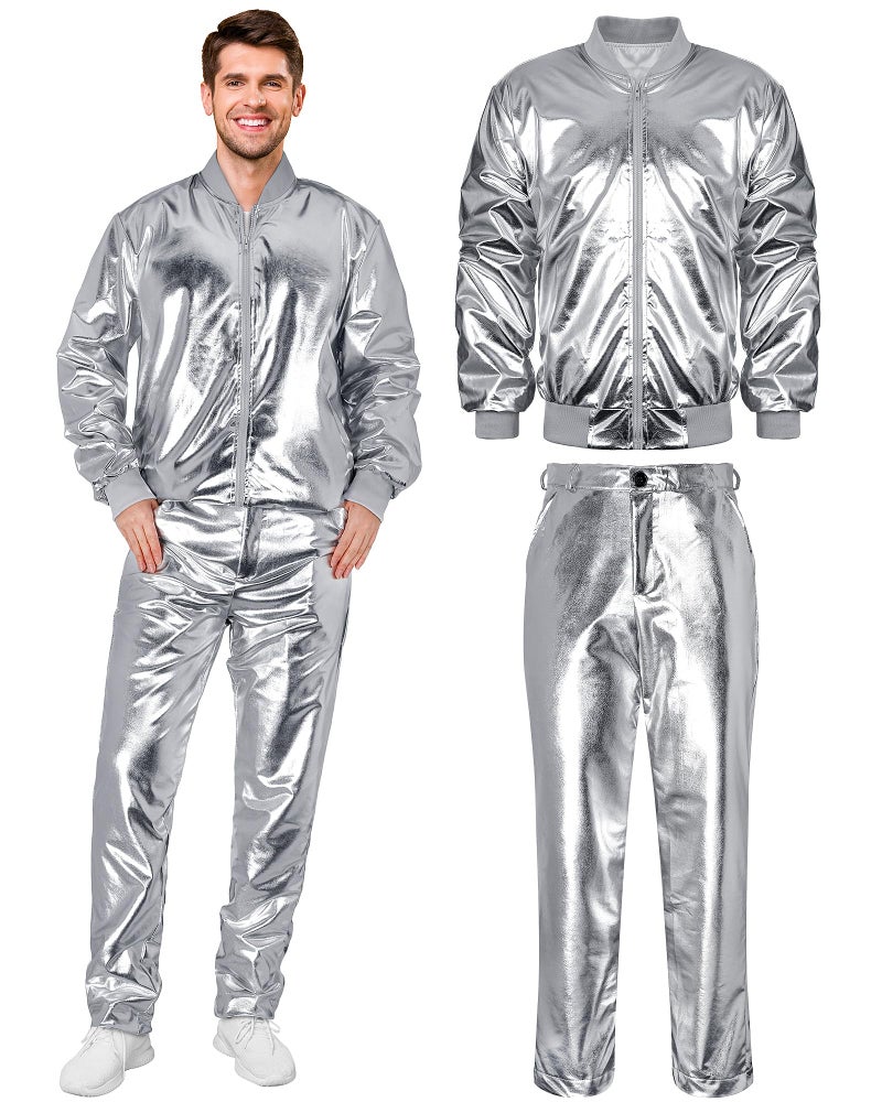 Halfchet Men's Metallic Jacket and Pants Set Jacket Men Straight Leg Trousers Costume for Men Disco Cosplay Party (Silver,XX-Large) - Image 2