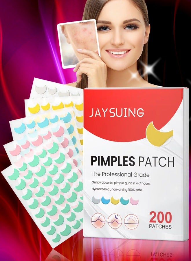 Jaysuing 200 Pcs Pimple Patches Hydrocolloid Non Drying Acne Patches for Face Colorful Moon Pimple Spot Sticker with Hyaluronic Acid Tea Tree Oil and Centella Oil Pimple Patches for Covering Blemishes and Zits - Image 1