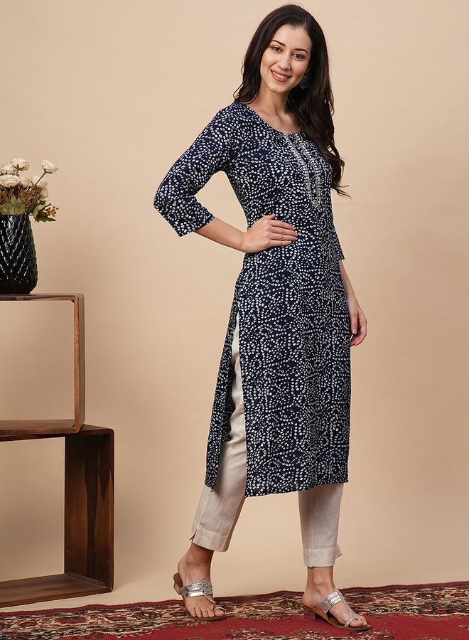 Globus Blue Bandhani Print Straight Kurta - Image 2